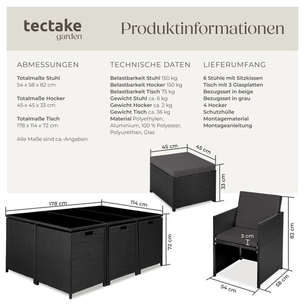 Rattan Sitzgruppe tectake New York 2 Bezugssets, zusammenschiebbar, inklusive Schutzhülle mit Aluminiumgestell schwarz