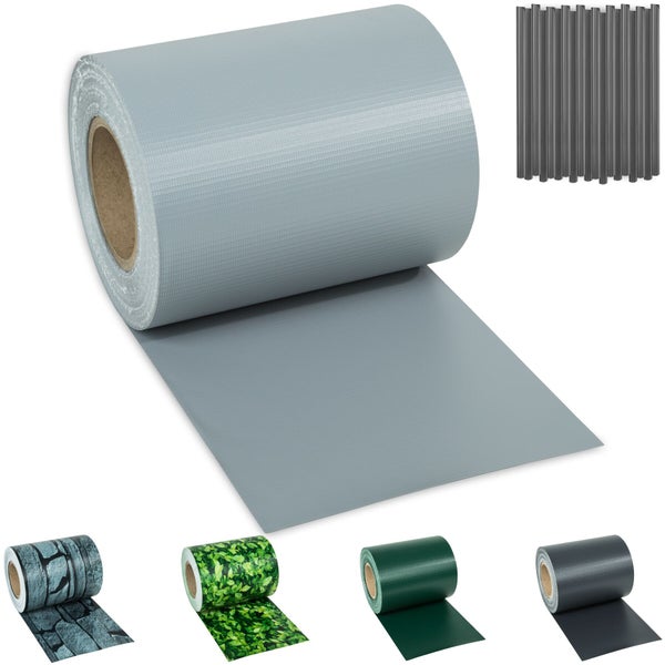 Sichtschutzstreifen aus Kunststoff für Gittermattenzäune auf Rolle in Grau sowie Beispiele in Steinoptik, Blattmotiv, Grün und Anthrazit.