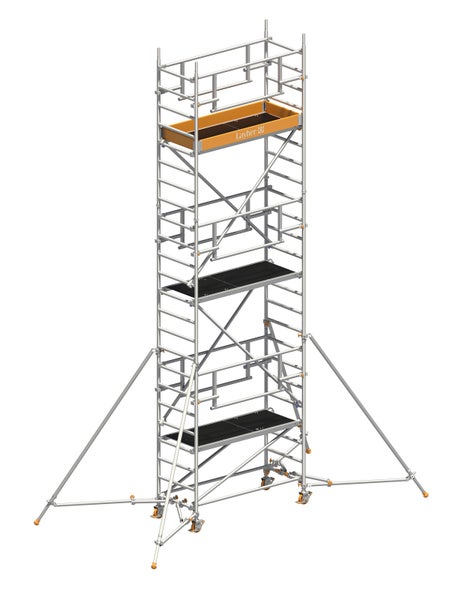 Layher Rollgerüst Uni Leicht P2 Safety Plus mit Doppelgeländer und ausziehbaren Gerüststützen 7,10m AH