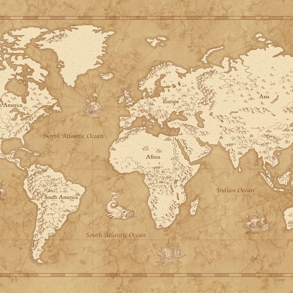 Weltkarte Tapete im Vintage-Stil mit Schiffen und Kontinenten