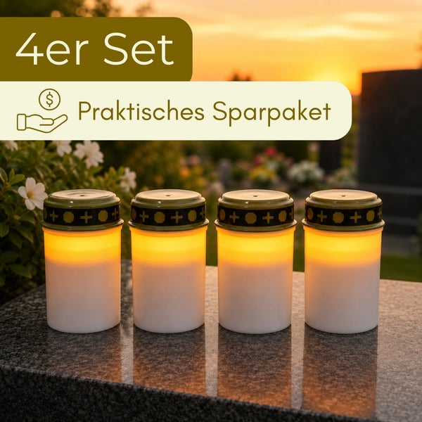 Set von vier Grablichtern auf einer Steinfläche im Friedhof, praktisches Sparpaket, Grabkerzen mit warmem Leuchten.
