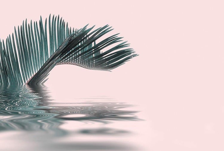 Fototapete mit einem Palmwedel und einer Spiegelung im Wasser.
