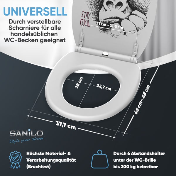 Sanilo Toilettensitz, Gorilla-Motiv, 37,7 Zentimeter breit, 46 bis 48 Zentimeter lang, bruchfest, 6 Abstandshalter, belastbar bis 200 Kilogramm.