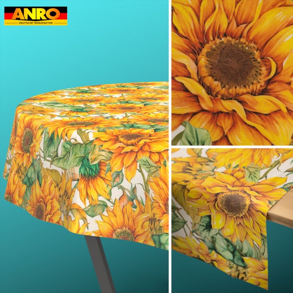 Runde Tischdecke mit Sonnenblumen-Motiv, Detailansicht der Oberflächenstruktur und ANRO Logo.