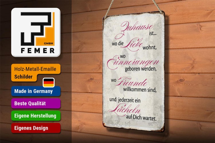Blechschild Spruch 20x30cm Zuhause Liebe Freunde Lächeln
