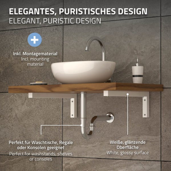 ML-Design 2er Set Wandkonsole Winkel L-Form für Waschtisch, 300x150 mm, Weiß, Stahl, Design Waschtischhalterung, Wandhalterung für Waschtischplatte Waschbecken, Konsolenträger Regalträger Regalhalter