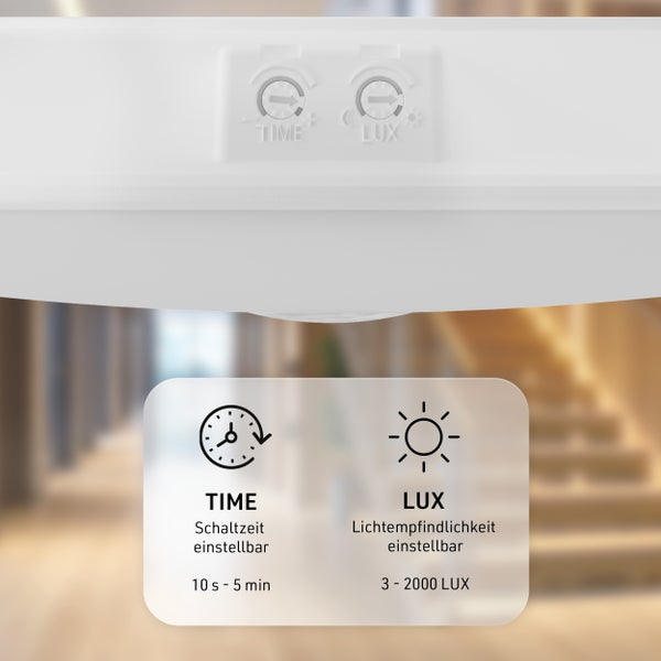 LED Leuchte mit Bewegungsmelder Einstellmöglichkeiten für Schaltzeit von 10 Sekunden bis 5 Minuten und Lichtempfindlichkeit von 3 bis 2000 Lux