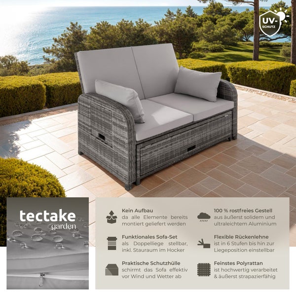 Graues Gartensofa aus Polyrattan mit UV-Schutz und verstellbarer Rückenlehne vor Landschaft