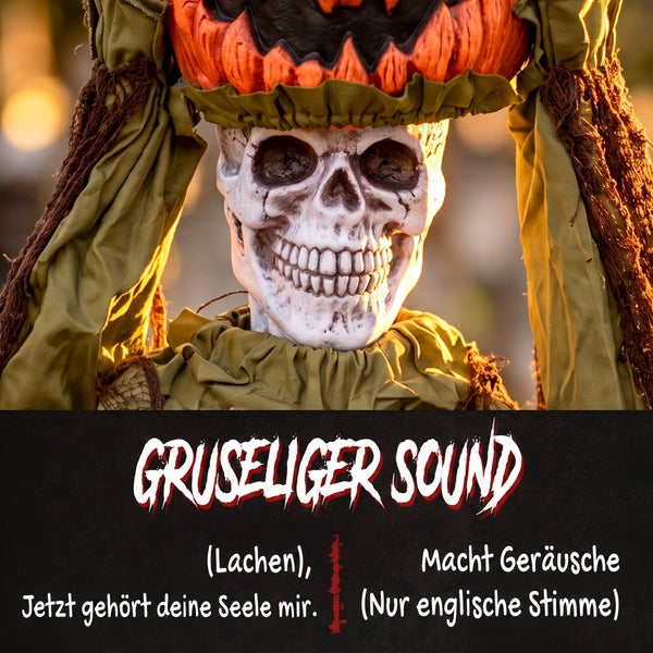 Halloween Dekofigur Skelett mit Kürbis auf dem Kopf, ausgestattet mit einer Soundfunktion für gruselige Geräusche und Lachen.