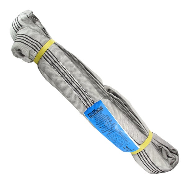 Trutzholm Rundschlinge aus Polyester, Tragfähigkeit 4000 Kilogramm, Länge 2 Meter, grau, mit Sicherheitslabel und CE-Kennzeichnung.