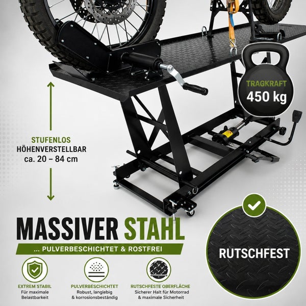 Motorradhebebühne aus Stahl, pulverbeschichtet, Tragkraft 450 Kilogramm, stufenlos höhenverstellbar circa 20 bis 84 Zentimeter, rutschfest.