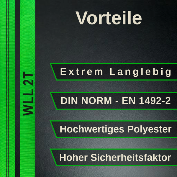 Vorteile der Rundschlinge mit 2 Tonnen Tragfähigkeit: Extrem langlebig, DIN-Norm EN 1492-2, hochwertiges Polyester und hoher Sicherheitsfaktor.