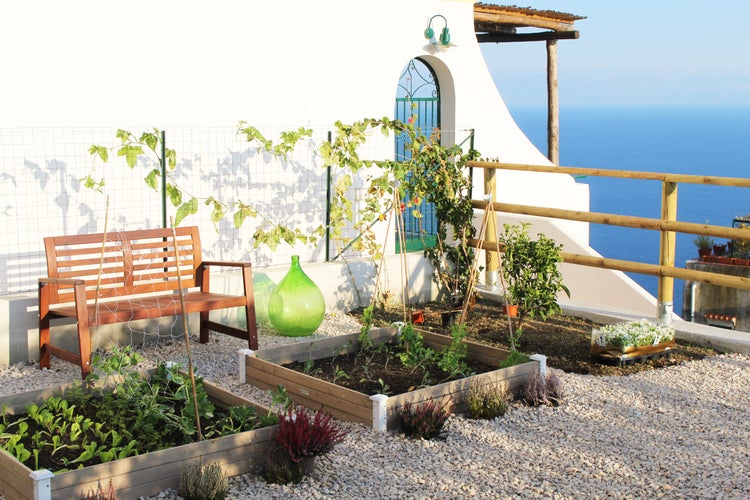 Garten mit Hochbeeten, Holzbank und Blick aufs Meer