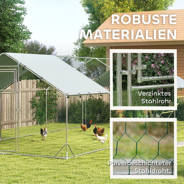 PawHut Hühnerstall Freilaufgehege aus Stahl, 300 x 800 x 195 cm Hühnerkäfig mit UV-beständiger Abdeckung, Futtertür, Hängefütterung, Sitzstange, Hühnergehege für 24-30 Hühner, Kleintiere, Silber