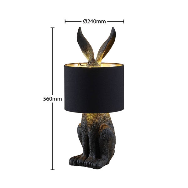 Lindby Tischlampe Hase Textil schwarz gold, Nachttischlampe Meister Lampe Tischleuchte ohne Leuchtmittel Schlafzimmerlampe Nachttischleuchte