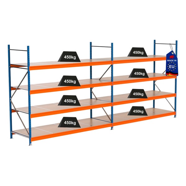 Schwerlastregal mit vier Ebenen und einer Traglast von 450 Kilogramm pro Ebene