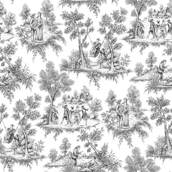 Tapete mit Toile-de-Jouy-Muster, ländliche Szenen mit Menschen in historischer Kleidung, Bäumen und Häusern.