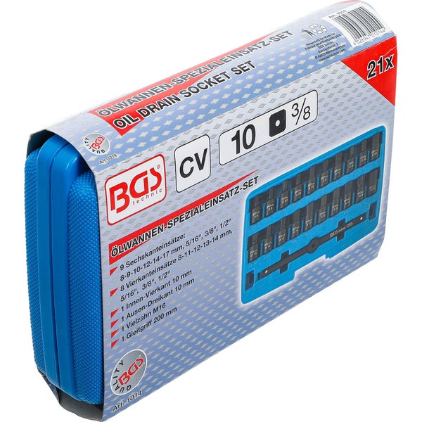 Steckschlüsselsatz in blauem Gehäuse mit verschiedenen Größen und Bitaufsätzen