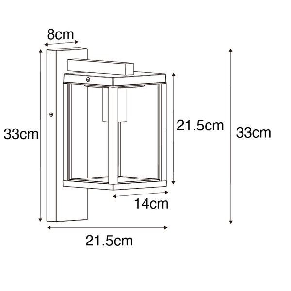 Technische Zeichnung einer Außenwandleuchte mit Maßen: Höhe 33 Zentimeter, Tiefe 21,5 Zentimeter, Breite 14 Zentimeter, Wandhalterung 8 Zentimeter.
