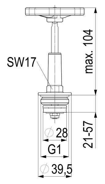 Maßzeichnung eines Ventils mit Maßangaben: maximale Höhe 104, Schlüsselweite 17, Gewinde G1 sowie Durchmesser 28 und 39,5 Millimeter.