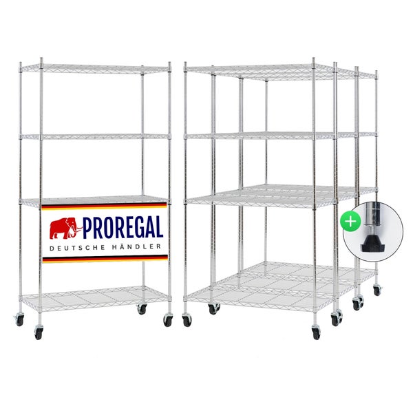 Mobiles Drahtgitterregal Set von PROREGAL aus Metall mit vier Böden und Rollen sowie höhenverstellbaren Füßen. PROREGAL Logo.