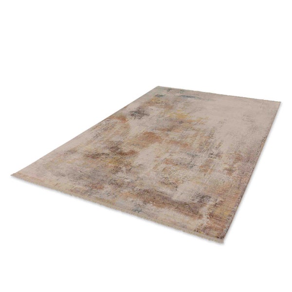 Rechteckiger Kurzflorteppich mit abstraktem Vintage Design und Fransen an den Enden.