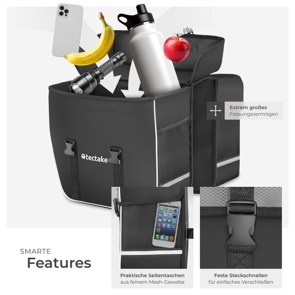 Fahrradtasche mit großem Fassungsvermögen, Seitentaschen aus Netzgewebe und Steckverschlüssen.