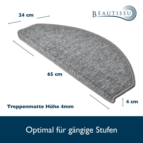 Beautissu Treppenmatte mit Maßangaben 65 cm x 24 cm x 4 cm Höhe.