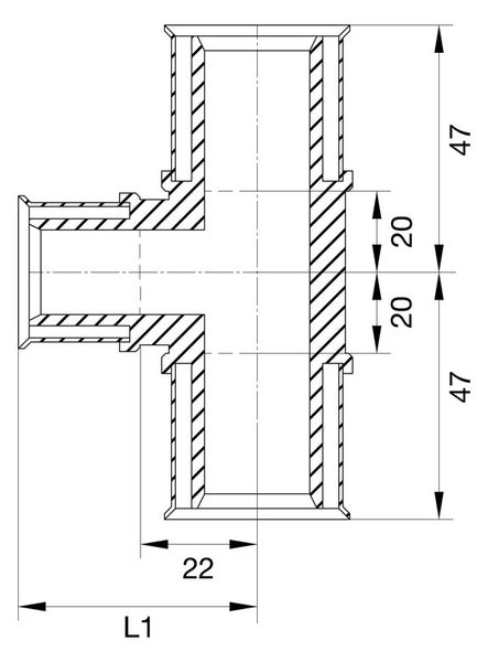 Technische Zeichnung eines T-Stücks für Rohrleitungen mit Querschnittsansicht und Maßangaben.