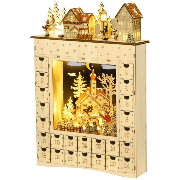 Beleuchteter Adventskalender aus Holz mit vierundzwanzig Schubladen und einer winterlichen Szene mit Häusern, Bäumen und dem Weihnachtsmann im Schlitten.
