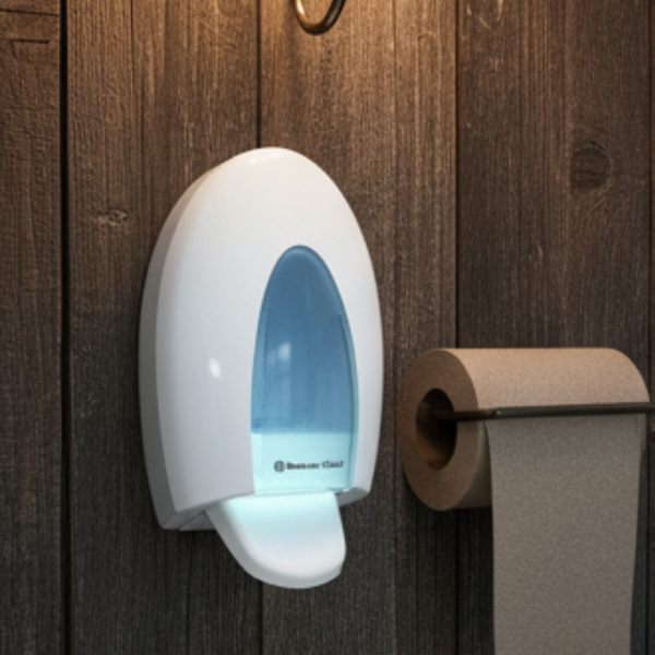 Wandhängender Seifenspender aus weißem Kunststoff mit Sichtfenster neben einer Toilettenpapierrolle auf einer Holzwand.