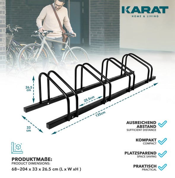 Fahrradständer mit Maßangaben und Mann mit Fahrrad im Hintergrund