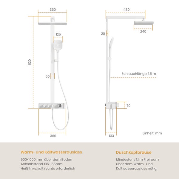 EMKE Duschsystem mit 2 Wasserabläufen, Duschkopf & Handbrause mit 3 Funktionen, modernes Design, 360*485*1120mm, weiß