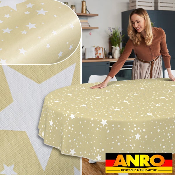 Runde Tischdecke mit Sternenmuster auf einem Esstisch, ANRO Deutsche Manufaktur Logo
