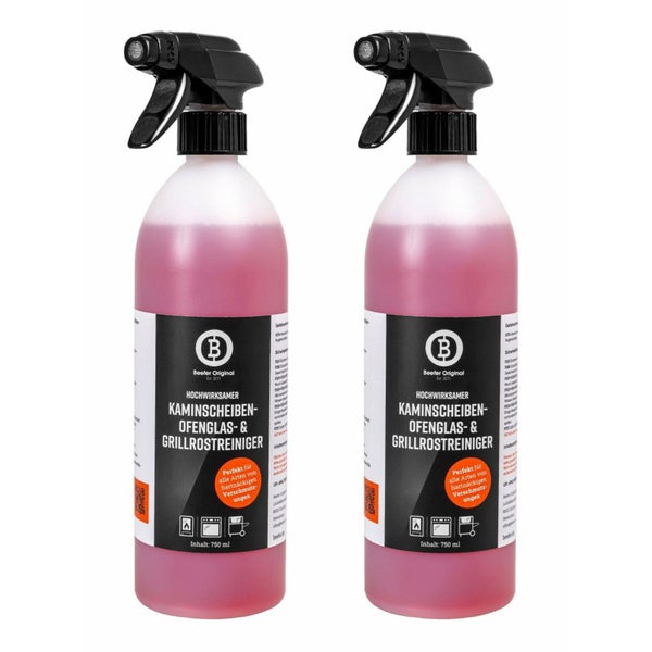Zwei Sprühflaschen Beefer Kaminscheiben-, Ofenglas- und Grillrostreiniger, jeweils 750 Milliliter.