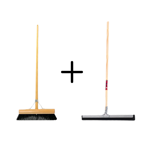 Kehrbesen mit Holzstiel und Gummilippen-Schieber mit Holzstiel im Set