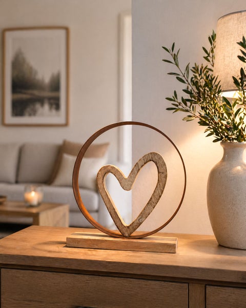Dekorative Holzfigur in Herzform mit Metallring auf Holzsockel in einem gemütlich eingerichteten Wohnraum