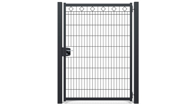 Gartentür ZAUNGURU BASIC-Linie Raute aus Metall, Höhe: 183cm, Breite: 150cm, 1-flügelig inkl. Pfosten, Schloss und Zubehör, Feuerverzinkt und zusätzlich in RAL 7016 Anthrazitgrau pulverbeschichtet