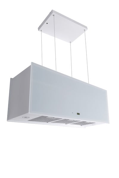 Moderne Inselhaube zur Deckenmontage mit digitaler Steuerung und integrierter Beleuchtung.