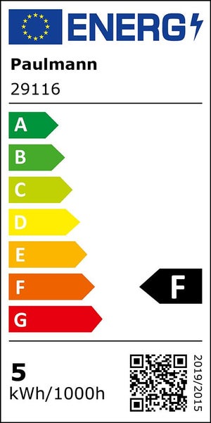 Paulmann Energieeffizienzlabel für Artikel 29116 mit Energieeffizienzklasse F und einem Verbrauch von 5 Kilowattstunden pro 1000 Stunden.
