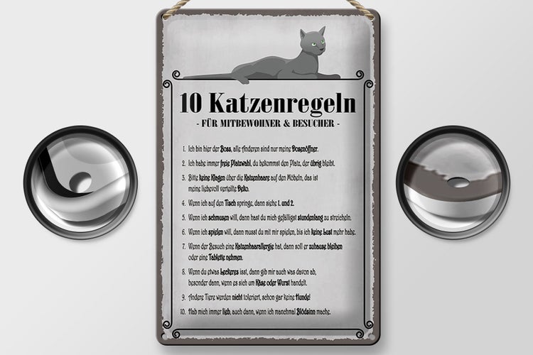 Blechschild Spruch 20x30cm 10 Katzenregeln ich bin der Boss