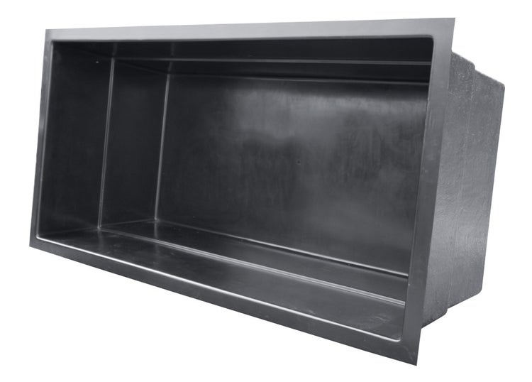 Rechteckiges Kunststoffbecken oder Mörtelwanne aus schwarzem Kunststoff mit Rand.