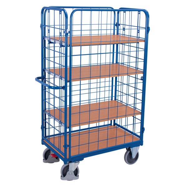 Blauer Gitterwagen mit drei Holzregalböden und Rädern für den Transport