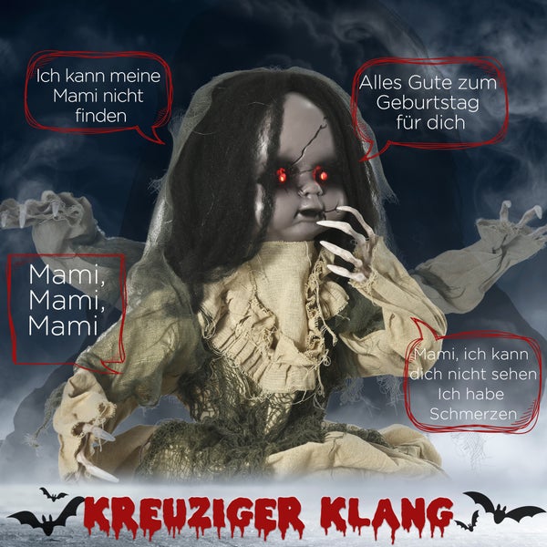 Animierte Horrorpuppe als Halloween Dekoration