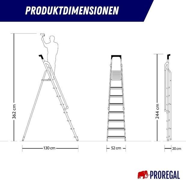 PROREGAL Stufenstehleiter ATLAS mit Werkzeugablage & Handlauf Einseitig Begehbar 8 Stufen Arbeitshöhe 3,62 m Traglast 150 kg