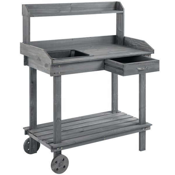 Outsunny Pflanztisch mit Schublade 2 Stufen Gärtnertisch mit waschbecken und Rollen Garten Tannenholz Grau 92 x 45 x 119 cm