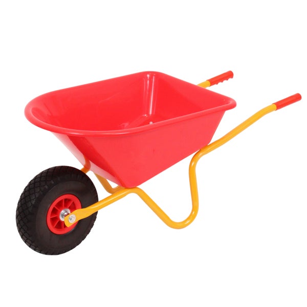 Rote Kinder-Schubkarre mit gelbem Metallgestell und Kunststoffmulde.