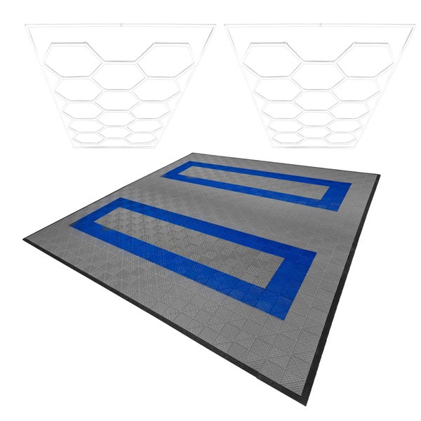Belüftete Garagenbodenfliesen und sechseckige LED-Leuchten x 165 Grau 60 Blau mit Kanten