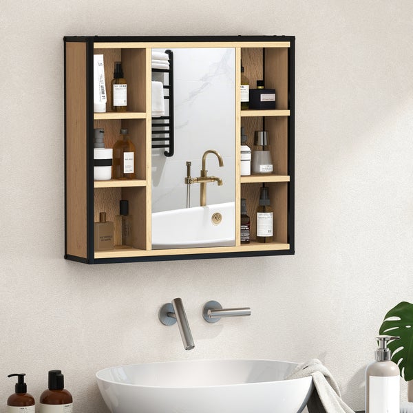 Badezimmer-Spiegelschrank mit schwarzem Metallrahmen und Holzoptik, drei offene Fächer auf beiden Seiten, Spiegel über weißem Waschbecken.