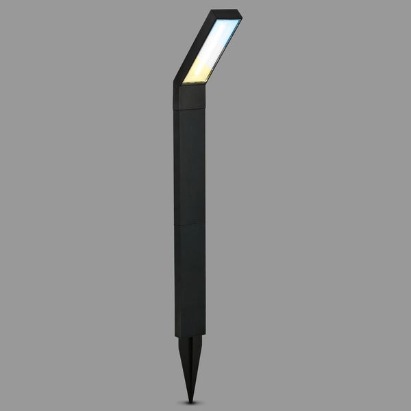 Moderne schwarze Solar-Wegeleuchte mit Erdspieß und LED-Panel.